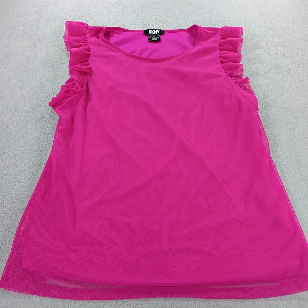 DKNY Womens Mesh Ruffle Sleeve Top Pink Large Lightweight Overlay